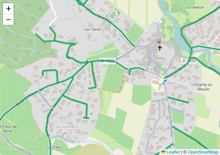 Capture d'écran réelle de la carte de l'application, avec les rues tracées en vert