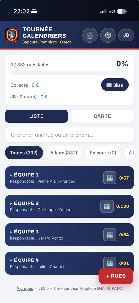 Capture d'écran réelle de l'application : liste des rues par équipe